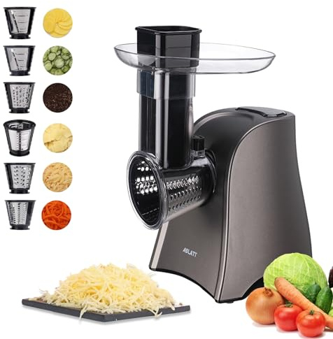 ASLATT Electric Cheese Grater, One-Touch Control Grater Machine for Vegetables, Fruits, Potatoes, Salad Maker with 6 Free Attachments