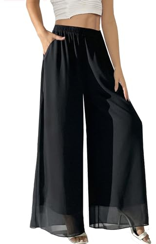 Fakanhui Pantalones palazzo de gasa de pierna ancha para mujer, cintura alta, pantalones casuales fluidos de negocios