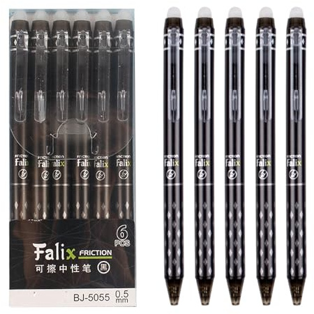 MOZXIRZ 6 Pcs Erasable Gel Ink Retractable Pens - 0.5mm Fine Point, Black Ink, Smooth Writing for Office, School, Women, Men, Girls, Boys