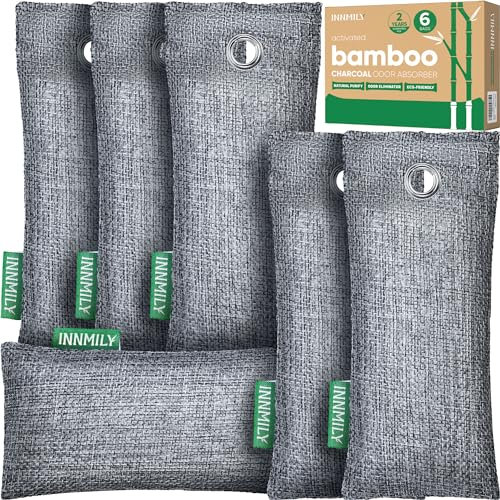 Innmily Bolsas purificadoras de aire de carbón de bambú, paquete de 6 eliminadores de olores naturales para zapatos, desodorante de tenis y absorbentes de humedad para calzado limpio, removedor de