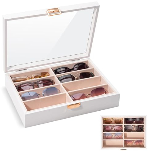ProCase 8 Slots Wooden Sunglasses Organizer Trays for Men Women, Glass Display Case Multiple Pairs Eyewear Eyeglass Holder Storage Box -White