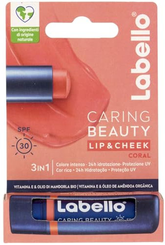 Labello Caring Beauty Lip & Cheek Coral 4.8 g, Burrocacao labbra e guance con una nota di colore corallo, Balsamo labbra colorato e blush stick 2 in 1, Lip balm idratante con protezione SPF 30