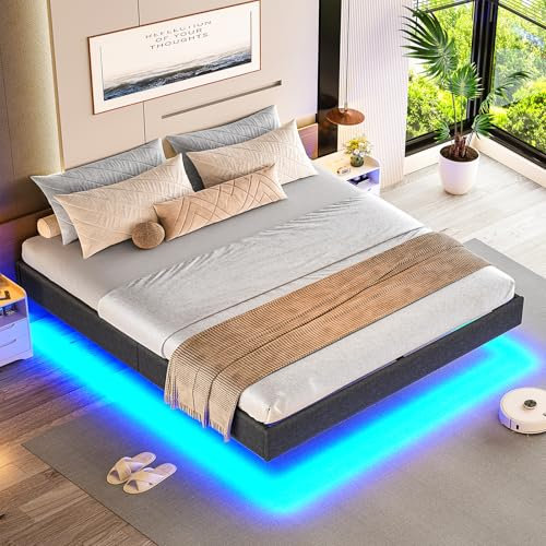 Brinlawb Lit 140x190 cm, Lit 2 Personnes avec des lumières LED, Cadre de lit 140 x 190 avec sommier à Lattes en Bois et Structure en métal, lit Double Moderne Facile à Assembler, sans tête de lit,Gris