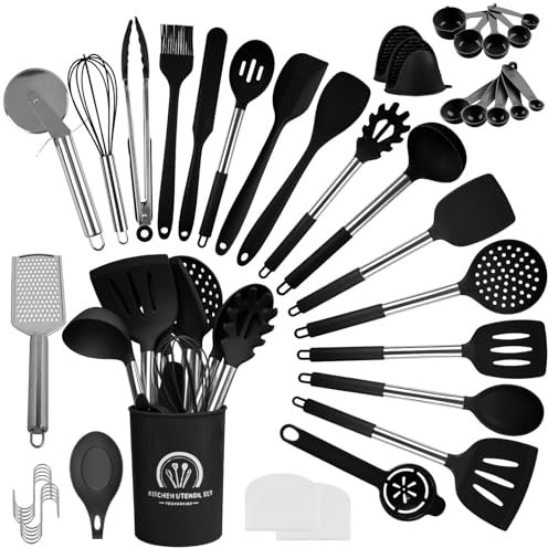 Küchenhelfer Set, 45-teiliges Küchenutensilien, Silikon Kochbesteck Set, mit Küchenutensilienhalter, Schneebesen edelstahl, Suppenkelle, Pfannenwender, Spülmaschinengeeignet, Schwarz