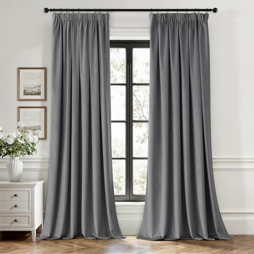 EMEMA - Tenda in velluto con nastro arricciato, grigio, tende in velluto per decorazione, oscurante, set da 2, bella, spessa e pesante, per soggiorno e camera da letto, tenda termica con nastro
