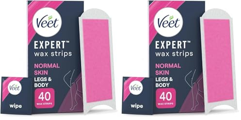 Veet Expert Legs & Body Cold Wax Strips, Normal Skin, 80 Strips, 8 Wipes | Hair Removal Wax Strips, 28 days of smoothness, Removes shortest hair from root, Moisturise with Shea Butter
