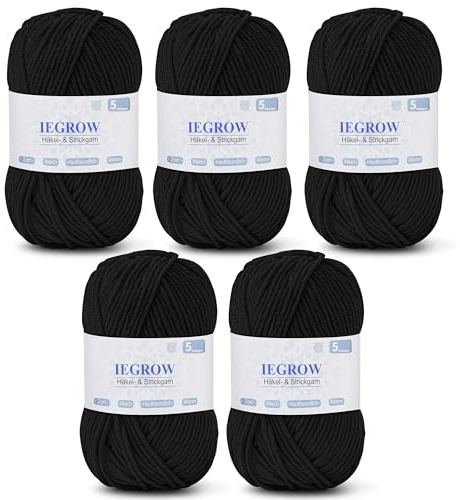 Handstickgarn 250 g, virkgarn, akrylgarn för stickning, virkgarn för nybörjare, lämpligt för stickning, virkning och handarbete, mjukt och bekvämt (5 x 50 g) svart