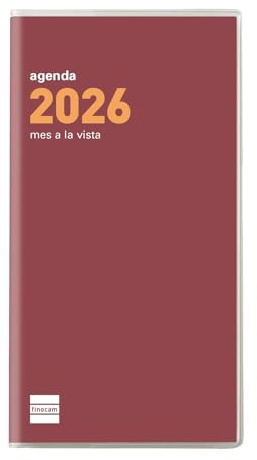 Finocam - Agenda encuadernada de bolsillo, ligera y portátil Mes Vista | Enero - Diciembre (12 meses) | Agenda encuadernada con funda | Plana Cóctel - Burdeos - Español