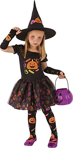 Rubies Disfraz Bruja candy para niña, Vestido de bruja con manguitos, medias y sombrero con diseños de calabacitas impresas, Original, Ideal para halloween, carnaval y cumpleaños