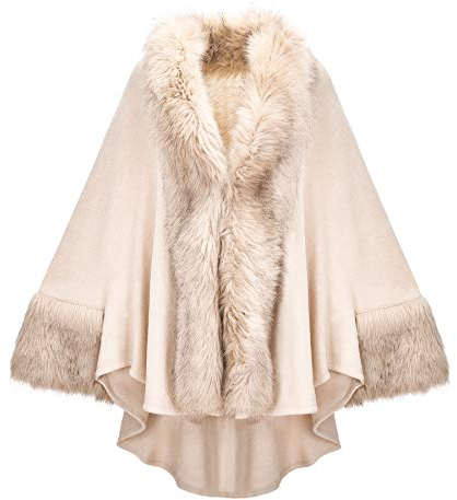 ZLYC Damen Winter Kunstpelz Poncho Cape Warm Umhang Faux Fur Kragen Mäntel Strickjacke(Weiß)