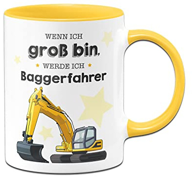 Tassenbrennerei Original – barnkopp säger 'If ich large ich zu muddcher' – kakaomugg med grävmaskin (gul)