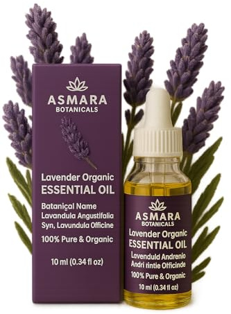 Asmara Botanicals - Lavender Essential Oil - Organic Cert - 10ml - 100% Pure - Relaxation, Peaceful Sleep, Stress, Meditation - Diffuser Oil - Therapeutic Grade - Vegan - Bottled in The UK