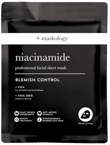 MASKOLOGY NIACINAMIDE Masque en tissu professionnel | Masque facial pour le contrôle des imperfections | CICA et graines de chia | Formule anti-âge | Feuille de masques faciaux |