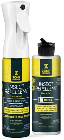 Zone Protects Unscented Picaridin Insect Repellent Spray Bundle β 10oz Mistosol Continuous Spray + Refill β 20% Picaridin Mosquito, Tick, Chigger, Insect Protection; 12 Hours