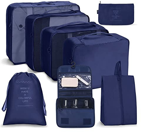 OSDUE Packing Cubes for Suitcases, 8 PCS Travel Luggage Packing Organizers Waterproof Travel Essentials Bag Accessories, Clothes Shoes Cosmetics Toiletries Storage Bags, Navy Blue