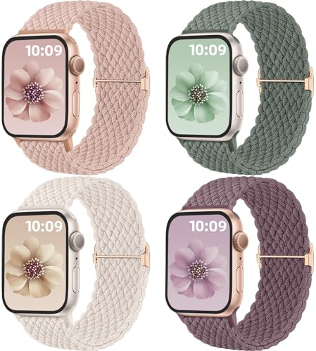 Mastten 4-pack Solo Loop flätade remmar kompatibla med Apple Watch-remmar 40 mm 41 mm 38 mm 42 mm 44 mm 45 mm 46 mm 49 mm kvinnor män, stretchig rem elastiskt sportband för iWatch SE 10 9 8 7 6 5 4 3