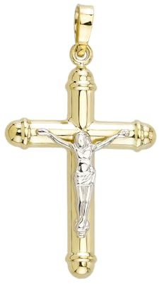 JC Trauringe Gold Anhänger Kreuz mit Jesus Korpus in Echt 585 Gold klassische, schlichte religiöse Goldkreuze Goldanhänger Goldschmuck Unisex Schmuck Kettenanhänger in Bicolor inkl. Schmucketui 8580