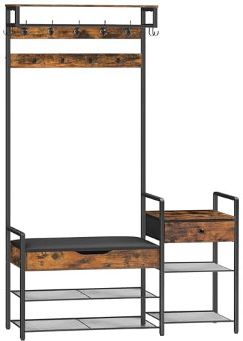 HOOBRO Garderobenständer mit Schuhablage, Schuhregal mit Garderobe, Garderobe mit Schuhschrank, mit Haken und Schublade, PU-Sitz, für Eingänge, Flure, Hallen, Vintagebraun und Schwarz EBF110MT01