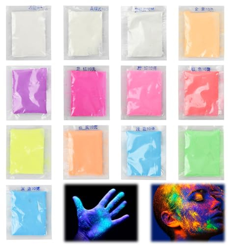 Fluoreszierendes Pigment, 13 Farben Selbstleuchtendes Pulver Epoxidharz, Leuchtendes Pigmentpulver, Nachtleuchtende Farbe für Slime, Nageldesign, DIY Basteln – 13 x 10g