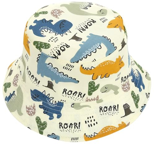 DHWEKU Sombrero de Sol Verano Bebés, Gorro Pescador Playa Niñas Niños, Algodón Gorras de Dinosaurios, Unisexo Sombreros ala Ancha UV Protección para Exteriores Viajes 1 2 3 4 5 Años(Blanco)