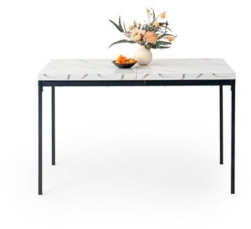 FurnitureR Tavolo da pranzo, 120 cm, luminoso, effetto marmo, con gambe in metallo ad alte prestazioni, moderno tavolo da pranzo rettangolare in legno, per 4-6 persone, sala da pranzo, ristorante,