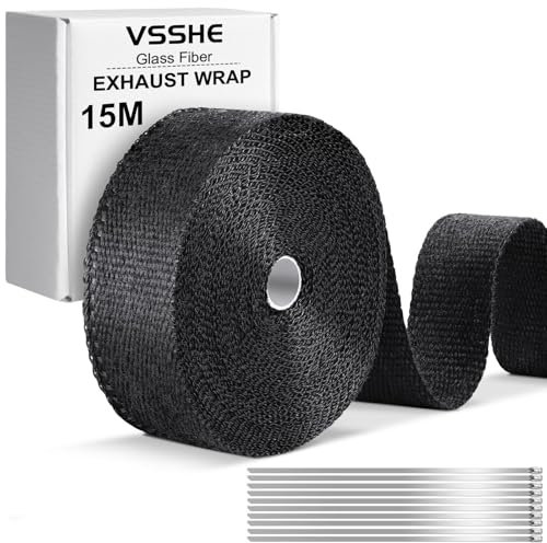 vsshe 15M Hitzeschutzband Auspuff, Auspuffband mit 10 Edelstahl Kabelbinder, 15m*50mm Hitzeschutz Auspuff Bandage | Hitzebeständiger Auspuffverband, für Motorrad Fächerkrümmer Thermoband Krümmerband