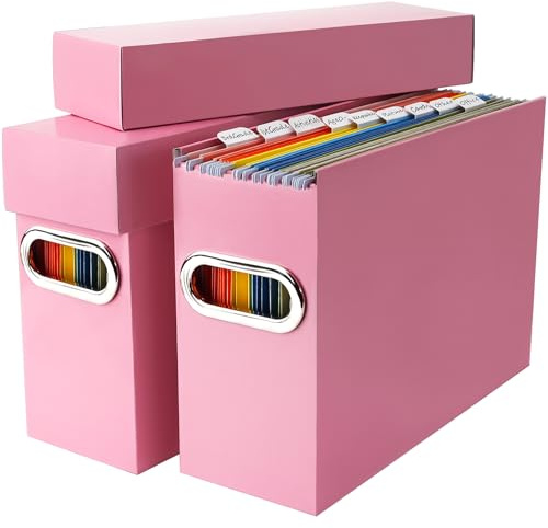 Naleyber File Organizer Box with Lid & Handle, Thickened Cardboard Hanging File Folder Storage Boxes for Letter Size, Portable Filing Organizer for Office, Home, Classroom, Pink 2 Pack