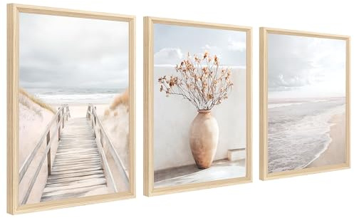 3 st träram modern bild väg till stranden bild dekoration vardagsrum havslandskap beige målning bild kustlandskap dekorativa bilder vardagsrum sovrum badrum 30 cm x 40 cm x 3 (utan plexiglas)