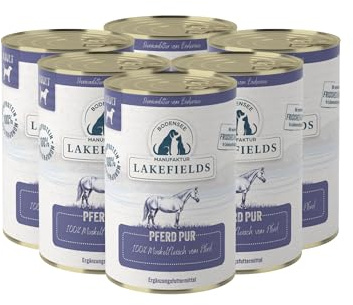 Lakefields Comida premium para perros húmeda | Caballo puro 100% | 6 x 400 g | Carne muscular pura | Carne de caballo procedente de la cría de animales | Comida húmeda hipoalergénica para perros |