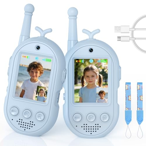 Video Walkie Talkie Bambini, 2 Walkie Talkie Ricaricabili con Display, Comunicazione Radio Bidirezionale, Lunga Portata, Regalo per Bambini e Bambine dai 3 ai 12 Anni. (Blu + Blu)