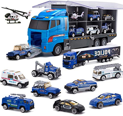 Joyfia 10 in 1 Police Toys, Die-cast Police Patrol Rescue Truck, Mini Polices Vehicles in Carrier Car Toy Playset for 3+ Years Old Kids Boys Girls