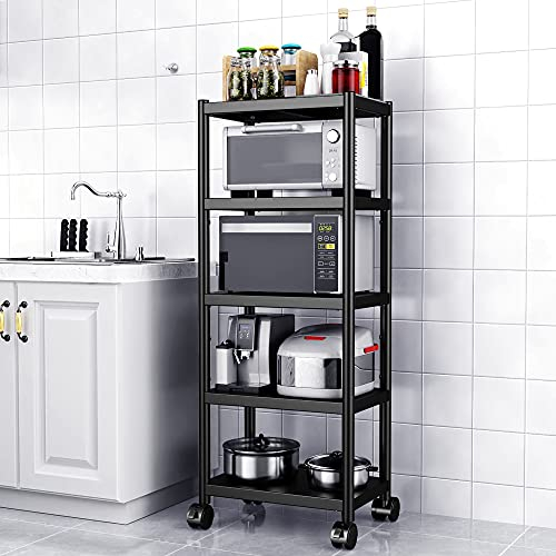 WPT Scaffale in acciaio inossidabile, portaoggetti per cucina con supporto per microonde e carrello su ruote, organizer regolabile a 5 ripiani, nero