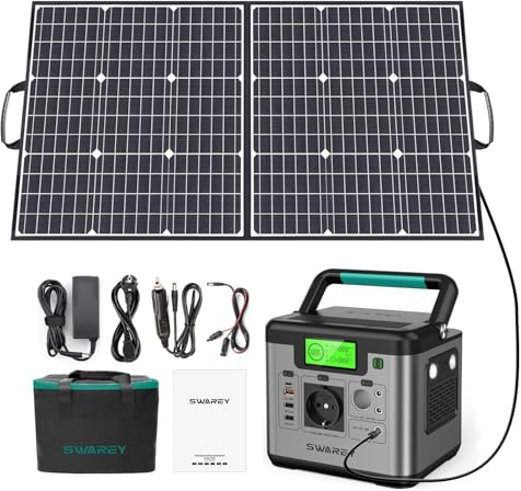 SWAREY Tragbare Powerstation 518Wh mit 100W Faltbarem Solarpanel, 500W (Spitze 1000W) Lithium Battery Solargenerator mit 230V AC, USB-C PD 65W für Draußen Camping Reisen Angeln Wohnmobil