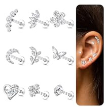 ADRAMATA 9Pcs 16G Orecchini Cartilagine a Bottone Set - Tragus Helix Conch Filettati Interna Labret CZ, Farfalla Luna Oro Argento Piercing per Donna