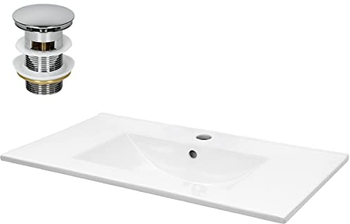 ECD Germany Lavabo en Céramique Blanc 810x465x175 mm avec Garniture de Vidage 1 1/4 Universel et Trop-Plein, Vasque Encastré, Design Élégant Moderne, Évier Lave-Mains pour Salle de Bain et Toilettes