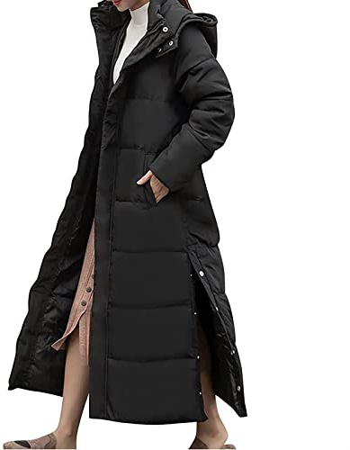 Sawmew Chaqueta de Plumas Don Capucha para Mujer Abrigo Largo, Cálido y Acolchado Chaqueta de Invierno Monocromática Chaqueta Acolchada con Abertura hasta Los Tobillos Chaqueta de Plumas