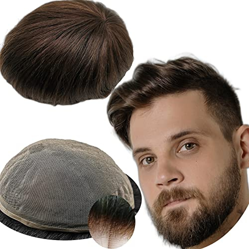 Yanahair Protesi Capelli Uomo 8x10 Toupee per Uomini Parrucchini Parrucca Capelli Veri Uomo Parrucche 100% Europeo Capelli Umani Veri Pieno Francese Pizzo Toupet (8x10”,#2 Castano scuro)