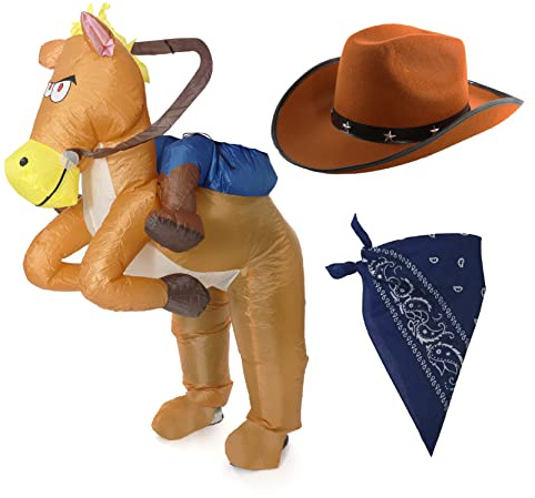 Cowboy maskeraddräkt för vuxna - uppblåsbar ridhäst, cowboyhatt och marinblå paisley-bandana