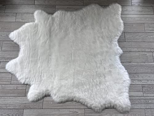 LAMBZY Faux Cowhide Rug - Soft Hypoallergenic Silky Shag Cute Cow Print Area Rugs | Luxury Modern Fluffy Carpet Runner Suitable for Bedroom, Office and Kids Room (White, 6'x7')
