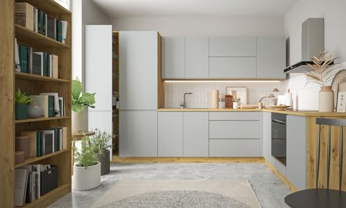 Feldmann Preiswert Wohnen L-Form Küchenzeile Avellino mit Arbeitsplatte 330x225cm Teilauszug Eiche Artisan - Fronten Acryl Stone Grey