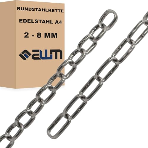 Edelstahlkette VA4 Rundstahlkette Ankerkette Edelstahl Kette Stahlkette ähnl. DIN 766 / DIN 763 (Langgliedrig - 2 mm = 5 Meter)