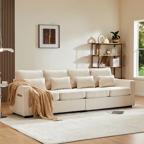 Sofá moderno de 4 plazas, fabricado en tejido de lino, con bolsillos en los reposabrazos y 4 cojines, sofá cama de estilo simple, ideal para sala de estar, apartamento, oficina (beige)