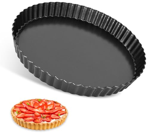 SEGNAYEN Quiche Pan, 30cm Tart Tin with Loose Base, Non-Stick Fluted Round Deep Flan Dish for Baking, Black
