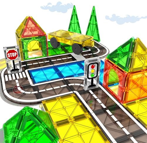 obakaer Magnetic Tiles Road Sets with Car, Magnetic Building Blocks Toys for 3+ Year Old Boys Girls, Montessori Magnet Kids Toys, Construction Toys for Ages 3 4 5 6 7 8 Birthday Gifts for Toddlers