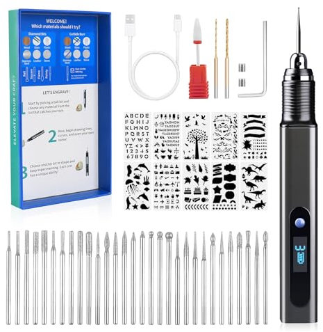 Cykelith Gravierstift Kit Wiederaufladierbar mit 33 Bits 10 Schablonen Mini Graveur Gravurwerkzeug Zu 21000 U/min Tragbar Multifunktionswerkzeug für Schmuck, Holz, Glas, Metall, Kunststoff, Stein,DIY