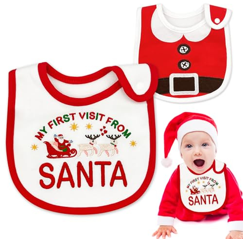 FUKPO 2 Pezzi Bavaglini Neonato Natale Set, Bavaglino Natalizio Pappa Cotone, Bavette con Bottone