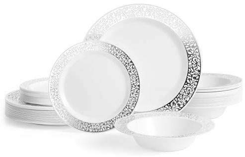 MATANA 150 Pcs White Plastic Tableware Set with Silver Lace Border - 50 Dinner Plates, 50 Side Plates, 50 Bowls - Elegant & Reusable Dinnerware for Parties, Wedding, Birthday, Picnic
