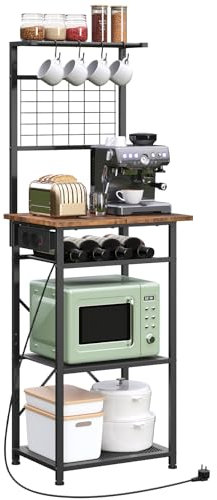 MAHANCRIS Küchenregal mit Steckdosen, Standregal, Bäckerregal, 35 x 48 x 135 cm, 4 S-Haken, Kaffeebar-Station mit Flaschenhalter und Haken, Vintagebraun und Schwarz ABRHR23UE01