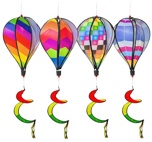 LEKEFETO Set om 4 vindklockor varmluftsballongdekoration | färgglad 110 cm trädgårdsvindsnurra med PVC-ram | UV-resistent utomhusspiralvridare för terrass och balkong