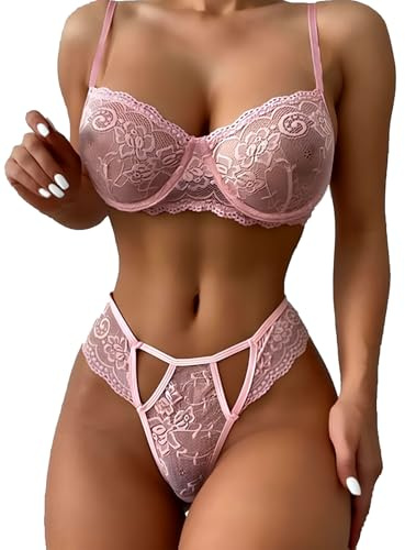MIZSPISE Set di Lingerie in Pizzo per Donna, Lingerie Sexy, Set di 2 Pezzi di Intimo, Reggiseno Senza Ferretto e Mutandine da Donna Nero, Bianco, Rosa, S-XL (Rosa, L)
